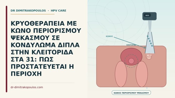ΚΡΥΟΘΕΡΑΠΕΙΑ ΜΕ ΚΩΝΟ ΠΕΡΙΟΡΙΣΜΟΥ ΨΕΚΑΣΜΟΥ ΣΕ ΚΟΝΔΥΛΩΜΑ ΔΙΠΛΑ ΣΤΗΝ ΚΛΕΙΤΟΡΙΔΑ ΣΤΑ 31: ΠΩΣ ΠΡΟΣΤΑΤΕΥΕΤΑΙ Η ΠΕΡΙΟΧΗ κρυοθεραπεία με κώνο περιορισμού ψεκασμού