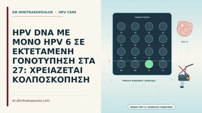HPV DNA ΜΕ ΜΟΝΟ HPV 6 ΣΕ ΕΚΤΕΤΑΜΕΝΗ ΓΟΝΟΤΥΠΗΣΗ ΣΤΑ 27: ΧΡΕΙΑΖΕΤΑΙ ΚΟΛΠΟΣΚΟΠΗΣΗ HPV DNA με μόνο HPV 6