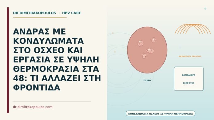 ΑΝΔΡΑΣ ΜΕ ΚΟΝΔΥΛΩΜΑΤΑ ΣΤΟ ΟΣΧΕΟ ΚΑΙ ΕΡΓΑΣΙΑ ΣΕ ΥΨΗΛΗ ΘΕΡΜΟΚΡΑΣΙΑ ΣΤΑ 48: ΤΙ ΑΛΛΑΖΕΙ ΣΤΗ ΦΡΟΝΤΙΔΑ κονδυλώματα οσχέου σε υψηλή θερμοκρασία εργασίας