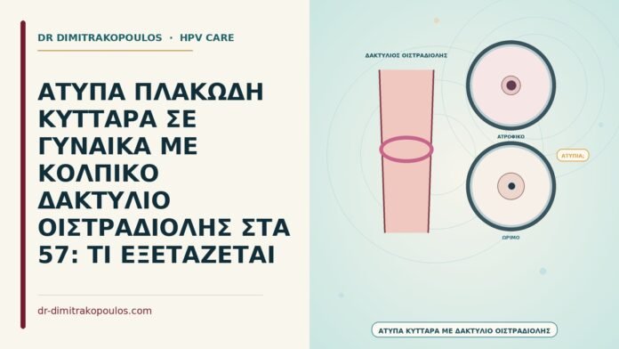 ΑΤΥΠΑ ΠΛΑΚΩΔΗ ΚΥΤΤΑΡΑ ΣΕ ΓΥΝΑΙΚΑ ΜΕ ΚΟΛΠΙΚΟ ΔΑΚΤΥΛΙΟ ΟΙΣΤΡΑΔΙΟΛΗΣ ΣΤΑ 57: ΤΙ ΕΞΕΤΑΖΕΤΑΙ άτυπα πλακώδη κύτταρα με κολπικό δακτύλιο οιστραδιόλης