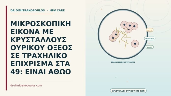 ΜΙΚΡΟΣΚΟΠΙΚΗ ΕΙΚΟΝΑ ΜΕ ΚΡΥΣΤΑΛΛΟΥΣ ΟΥΡΙΚΟΥ ΟΞΕΟΣ ΣΕ ΤΡΑΧΗΛΙΚΟ ΕΠΙΧΡΙΣΜΑ ΣΤΑ 49: ΕΙΝΑΙ ΑΘΩΟ κρυστάλλους ουρικού οξέος σε τραχηλικό επίχρισμα