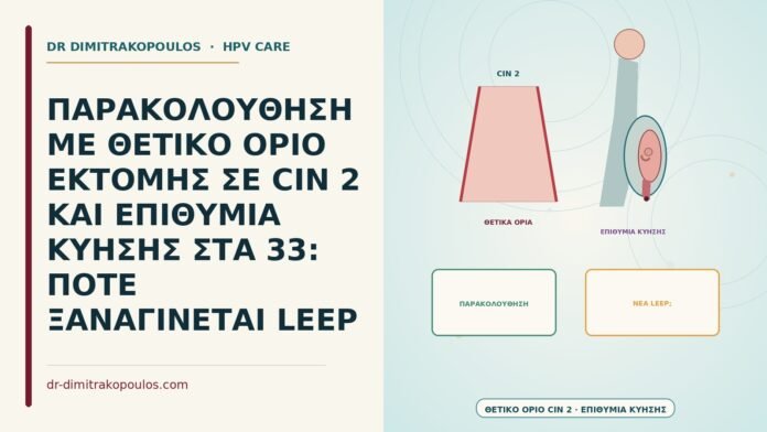 ΠΑΡΑΚΟΛΟΥΘΗΣΗ ΜΕ ΘΕΤΙΚΟ ΟΡΙΟ ΕΚΤΟΜΗΣ ΣΕ CIN 2 ΚΑΙ ΕΠΙΘΥΜΙΑ ΚΥΗΣΗΣ ΣΤΑ 33: ΠΟΤΕ ΞΑΝΑΓΙΝΕΤΑΙ LEEP θετικό όριο εκτομής σε CIN 2 με επιθυμία κύησης