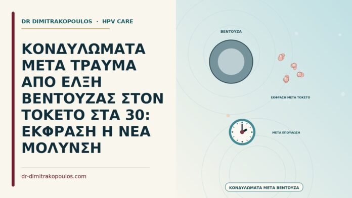 ΚΟΝΔΥΛΩΜΑΤΑ ΜΕΤΑ ΤΡΑΥΜΑ ΑΠΟ ΕΛΞΗ ΒΕΝΤΟΥΖΑΣ ΣΤΟΝ ΤΟΚΕΤΟ ΣΤΑ 30: ΕΚΦΡΑΣΗ Η ΝΕΑ ΜΟΛΥΝΣΗ κονδυλώματα μετά τραύμα από έλξη βεντούζας στον τοκετό