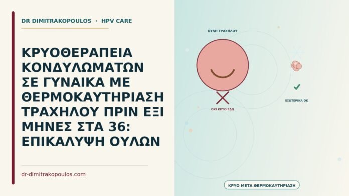 ΚΡΥΟΘΕΡΑΠΕΙΑ ΚΟΝΔΥΛΩΜΑΤΩΝ ΣΕ ΓΥΝΑΙΚΑ ΜΕ ΘΕΡΜΟΚΑΥΤΗΡΙΑΣΗ ΤΡΑΧΗΛΟΥ ΠΡΙΝ ΕΞΙ ΜΗΝΕΣ ΣΤΑ 36: ΕΠΙΚΑΛΥΨΗ ΟΥΛΩΝ κρυοθεραπεία κονδυλωμάτων μετά πρόσφατη θερμοκαυτηρίαση τραχήλου