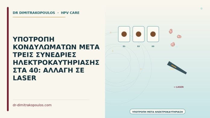 ΥΠΟΤΡΟΠΗ ΚΟΝΔΥΛΩΜΑΤΩΝ ΜΕΤΑ ΤΡΕΙΣ ΣΥΝΕΔΡΙΕΣ ΗΛΕΚΤΡΟΚΑΥΤΗΡΙΑΣΗΣ ΣΤΑ 40: ΑΛΛΑΓΗ ΣΕ LASER υποτροπή κονδυλωμάτων μετά τρεις συνεδρίες ηλεκτροκαυτηρίασης