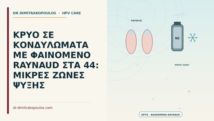 ΚΡΥΟ ΣΕ ΚΟΝΔΥΛΩΜΑΤΑ ΜΕ ΦΑΙΝΟΜΕΝΟ RAYNAUD ΣΤΑ 44: ΜΙΚΡΕΣ ΖΩΝΕΣ ΨΥΞΗΣ κρυο σε κονδυλώματα με φαινόμενο Raynaud