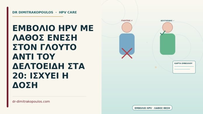 ΕΜΒΟΛΙΟ HPV ΜΕ ΛΑΘΟΣ ΕΝΕΣΗ ΣΤΟΝ ΓΛΟΥΤΟ ΑΝΤΙ ΤΟΥ ΔΕΛΤΟΕΙΔΗ ΣΤΑ 20: ΙΣΧΥΕΙ Η ΔΟΣΗ εμβόλιο HPV με ένεση στον γλουτό