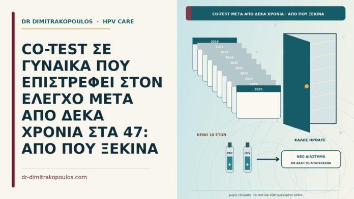 CO-TEST ΣΕ ΓΥΝΑΙΚΑ ΠΟΥ ΕΠΙΣΤΡΕΦΕΙ ΣΤΟΝ ΕΛΕΓΧΟ ΜΕΤΑ ΑΠΟ ΔΕΚΑ ΧΡΟΝΙΑ ΣΤΑ 47: ΑΠΟ ΠΟΥ ΞΕΚΙΝΑ επιστροφή στον έλεγχο μετά από δέκα χρόνια