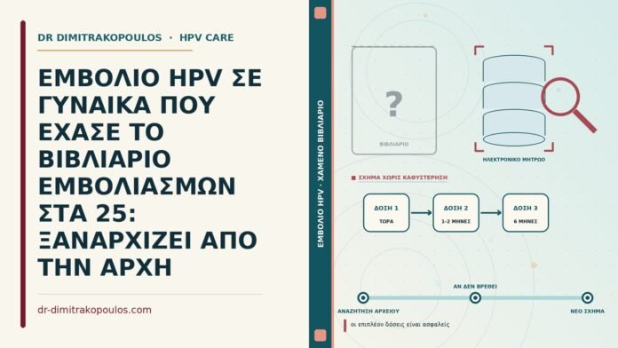 ΕΜΒΟΛΙΟ HPV ΣΕ ΓΥΝΑΙΚΑ ΠΟΥ ΕΧΑΣΕ ΤΟ ΒΙΒΛΙΑΡΙΟ ΕΜΒΟΛΙΑΣΜΩΝ ΣΤΑ 25: ΞΑΝΑΡΧΙΖΕΙ ΑΠΟ ΤΗΝ ΑΡΧΗ χαμένο βιβλιάριο εμβολιασμών