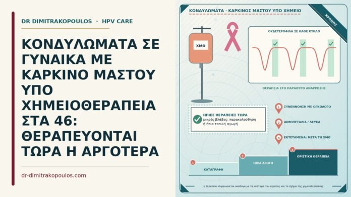 ΚΟΝΔΥΛΩΜΑΤΑ ΣΕ ΓΥΝΑΙΚΑ ΜΕ ΚΑΡΚΙΝΟ ΜΑΣΤΟΥ ΥΠΟ ΧΗΜΕΙΟΘΕΡΑΠΕΙΑ ΣΤΑ 46: ΘΕΡΑΠΕΥΟΝΤΑΙ ΤΩΡΑ Η ΑΡΓΟΤΕΡΑ κονδυλώματα κατά τη χημειοθεραπεία