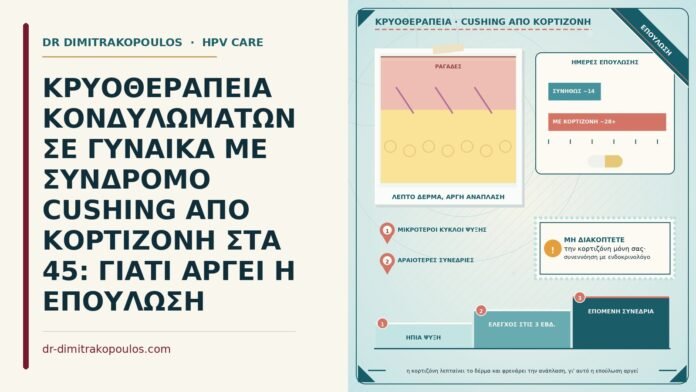 ΚΡΥΟΘΕΡΑΠΕΙΑ ΚΟΝΔΥΛΩΜΑΤΩΝ ΣΕ ΓΥΝΑΙΚΑ ΜΕ ΣΥΝΔΡΟΜΟ CUSHING ΑΠΟ ΚΟΡΤΙΖΟΝΗ ΣΤΑ 45: ΓΙΑΤΙ ΑΡΓΕΙ Η ΕΠΟΥΛΩΣΗ κρυοθεραπεία με σύνδρομο Cushing