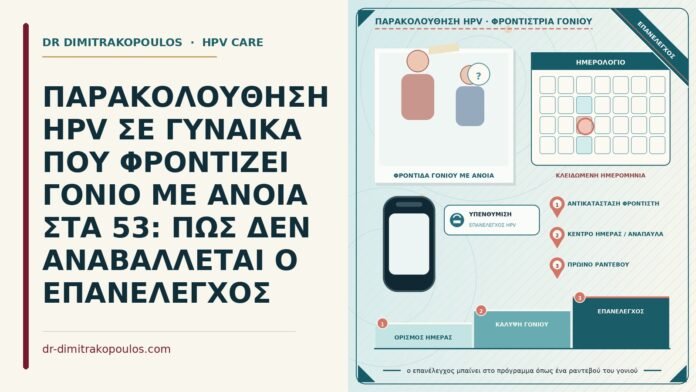 ΠΑΡΑΚΟΛΟΥΘΗΣΗ HPV ΣΕ ΓΥΝΑΙΚΑ ΠΟΥ ΦΡΟΝΤΙΖΕΙ ΓΟΝΙΟ ΜΕ ΑΝΟΙΑ ΣΤΑ 53: ΠΩΣ ΔΕΝ ΑΝΑΒΑΛΛΕΤΑΙ Ο ΕΠΑΝΕΛΕΓΧΟΣ παρακολούθηση HPV σε φροντίστρια γονιού