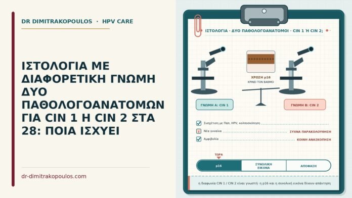ΙΣΤΟΛΟΓΙΑ ΜΕ ΔΙΑΦΟΡΕΤΙΚΗ ΓΝΩΜΗ ΔΥΟ ΠΑΘΟΛΟΓΟΑΝΑΤΟΜΩΝ ΓΙΑ CIN 1 Η CIN 2 ΣΤΑ 28: ΠΟΙΑ ΙΣΧΥΕΙ διαφορετική γνώμη για CIN 1 ή CIN 2