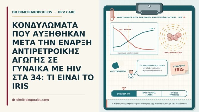 ΚΟΝΔΥΛΩΜΑΤΑ ΠΟΥ ΑΥΞΗΘΗΚΑΝ ΜΕΤΑ ΤΗΝ ΕΝΑΡΞΗ ΑΝΤΙΡΕΤΡΟΙΚΗΣ ΑΓΩΓΗΣ ΣΕ ΓΥΝΑΙΚΑ ΜΕ HIV ΣΤΑ 34: ΤΙ ΕΙΝΑΙ ΤΟ IRIS κονδυλώματα και σύνδρομο IRIS