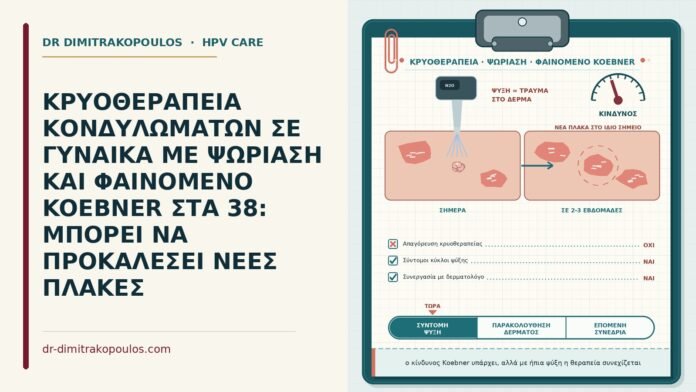 ΚΡΥΟΘΕΡΑΠΕΙΑ ΚΟΝΔΥΛΩΜΑΤΩΝ ΣΕ ΓΥΝΑΙΚΑ ΜΕ ΨΩΡΙΑΣΗ ΚΑΙ ΦΑΙΝΟΜΕΝΟ KOEBNER ΣΤΑ 38: ΜΠΟΡΕΙ ΝΑ ΠΡΟΚΑΛΕΣΕΙ ΝΕΕΣ ΠΛΑΚΕΣ κρυοθεραπεία με ψωρίαση