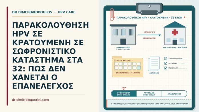 ΠΑΡΑΚΟΛΟΥΘΗΣΗ HPV ΣΕ ΚΡΑΤΟΥΜΕΝΗ ΣΕ ΣΩΦΡΟΝΙΣΤΙΚΟ ΚΑΤΑΣΤΗΜΑ ΣΤΑ 32: ΠΩΣ ΔΕΝ ΧΑΝΕΤΑΙ Ο ΕΠΑΝΕΛΕΓΧΟΣ παρακολούθηση HPV σε κρατούμενη