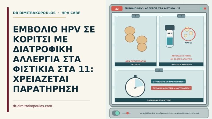 ΕΜΒΟΛΙΟ HPV ΣΕ ΚΟΡΙΤΣΙ ΜΕ ΔΙΑΤΡΟΦΙΚΗ ΑΛΛΕΡΓΙΑ ΣΤΑ ΦΙΣΤΙΚΙΑ ΣΤΑ 11: ΧΡΕΙΑΖΕΤΑΙ ΠΑΡΑΤΗΡΗΣΗ εμβόλιο HPV με αλλεργία στα φιστίκια