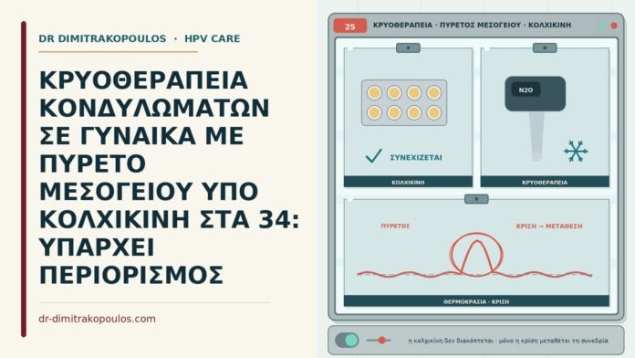 ΚΡΥΟΘΕΡΑΠΕΙΑ ΚΟΝΔΥΛΩΜΑΤΩΝ ΣΕ ΓΥΝΑΙΚΑ ΜΕ ΠΥΡΕΤΟ ΜΕΣΟΓΕΙΟΥ ΥΠΟ ΚΟΛΧΙΚΙΝΗ ΣΤΑ 34: ΥΠΑΡΧΕΙ ΠΕΡΙΟΡΙΣΜΟΣ κρυοθεραπεία υπό κολχικίνη