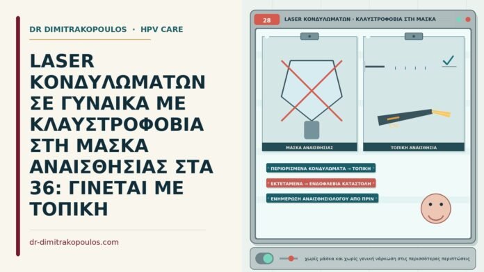 LASER ΚΟΝΔΥΛΩΜΑΤΩΝ ΣΕ ΓΥΝΑΙΚΑ ΜΕ ΚΛΑΥΣΤΡΟΦΟΒΙΑ ΣΤΗ ΜΑΣΚΑ ΑΝΑΙΣΘΗΣΙΑΣ ΣΤΑ 36: ΓΙΝΕΤΑΙ ΜΕ ΤΟΠΙΚΗ laser κονδυλωμάτων με τοπική αναισθησία
