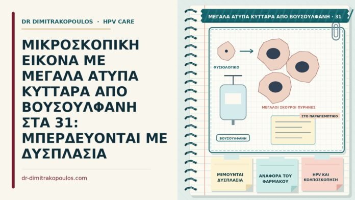 ΜΙΚΡΟΣΚΟΠΙΚΗ ΕΙΚΟΝΑ ΜΕ ΜΕΓΑΛΑ ΑΤΥΠΑ ΚΥΤΤΑΡΑ ΑΠΟ ΒΟΥΣΟΥΛΦΑΝΗ ΣΤΑ 31: ΜΠΕΡΔΕΥΟΝΤΑΙ ΜΕ ΔΥΣΠΛΑΣΙΑ άτυπα κύτταρα από βουσουλφάνη