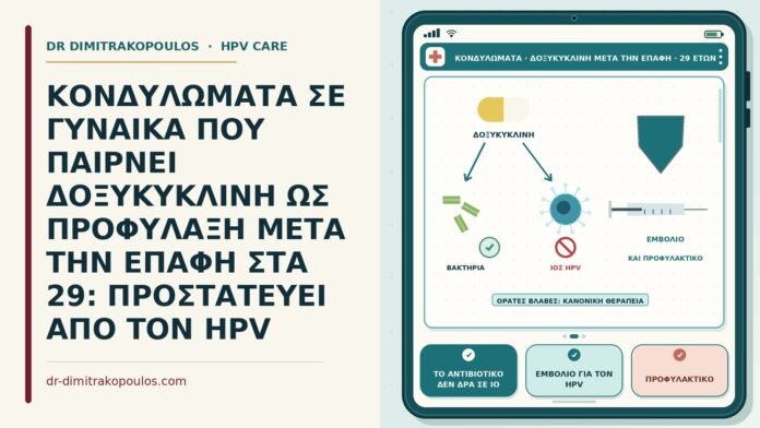ΚΟΝΔΥΛΩΜΑΤΑ ΣΕ ΓΥΝΑΙΚΑ ΠΟΥ ΠΑΙΡΝΕΙ ΔΟΞΥΚΥΚΛΙΝΗ ΩΣ ΠΡΟΦΥΛΑΞΗ ΜΕΤΑ ΤΗΝ ΕΠΑΦΗ ΣΤΑ 29: ΠΡΟΣΤΑΤΕΥΕΙ ΑΠΟ ΤΟΝ HPV κονδυλώματα και δοξυκυκλίνη μετά την επαφή