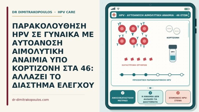 ΠΑΡΑΚΟΛΟΥΘΗΣΗ HPV ΣΕ ΓΥΝΑΙΚΑ ΜΕ ΑΥΤΟΑΝΟΣΗ ΑΙΜΟΛΥΤΙΚΗ ΑΝΑΙΜΙΑ ΥΠΟ ΚΟΡΤΙΖΟΝΗ ΣΤΑ 46: ΑΛΛΑΖΕΙ ΤΟ ΔΙΑΣΤΗΜΑ ΕΛΕΓΧΟΥ παρακολούθηση HPV με αυτοάνοση αιμολυτική αναιμία