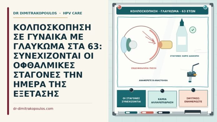 ΚΟΛΠΟΣΚΟΠΗΣΗ ΣΕ ΓΥΝΑΙΚΑ ΜΕ ΓΛΑΥΚΩΜΑ ΣΤΑ 63: ΣΥΝΕΧΙΖΟΝΤΑΙ ΟΙ ΟΦΘΑΛΜΙΚΕΣ ΣΤΑΓΟΝΕΣ ΤΗΝ ΗΜΕΡΑ ΤΗΣ ΕΞΕΤΑΣΗΣ κολποσκόπηση με γλαύκωμα