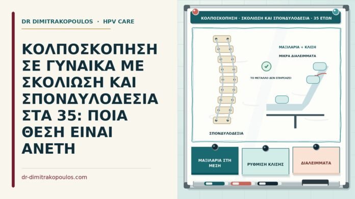 ΚΟΛΠΟΣΚΟΠΗΣΗ ΣΕ ΓΥΝΑΙΚΑ ΜΕ ΣΚΟΛΙΩΣΗ ΚΑΙ ΣΠΟΝΔΥΛΟΔΕΣΙΑ ΣΤΑ 35: ΠΟΙΑ ΘΕΣΗ ΕΙΝΑΙ ΑΝΕΤΗ κολποσκόπηση με σπονδυλοδεσία