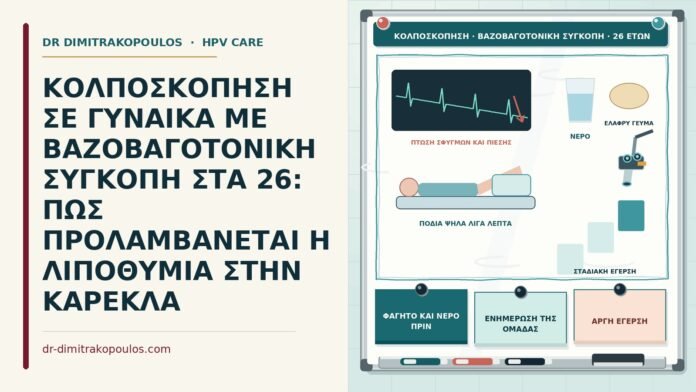 ΚΟΛΠΟΣΚΟΠΗΣΗ ΣΕ ΓΥΝΑΙΚΑ ΜΕ ΒΑΖΟΒΑΓΟΤΟΝΙΚΗ ΣΥΓΚΟΠΗ ΣΤΑ 26: ΠΩΣ ΠΡΟΛΑΜΒΑΝΕΤΑΙ Η ΛΙΠΟΘΥΜΙΑ ΣΤΗΝ ΚΑΡΕΚΛΑ κολποσκόπηση με βαζοβαγοτονική συγκοπή