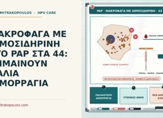 ΜΑΚΡΟΦΑΓΑ ΜΕ ΑΙΜΟΣΙΔΗΡΙΝΗ ΣΤΟ PAP ΣΤΑ 44: ΣΗΜΑΙΝΟΥΝ ΠΑΛΙΑ ΑΙΜΟΡΡΑΓΙΑ μακροφάγα με αιμοσιδηρίνη στο Παπ