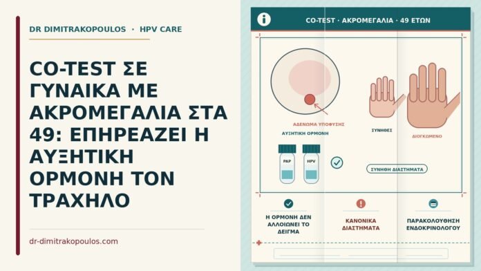 CO-TEST ΣΕ ΓΥΝΑΙΚΑ ΜΕ ΑΚΡΟΜΕΓΑΛΙΑ ΣΤΑ 49: ΕΠΗΡΕΑΖΕΙ Η ΑΥΞΗΤΙΚΗ ΟΡΜΟΝΗ ΤΟΝ ΤΡΑΧΗΛΟ co-test με μεγαλακρία