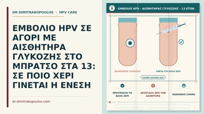 ΕΜΒΟΛΙΟ HPV ΣΕ ΑΓΟΡΙ ΜΕ ΑΙΣΘΗΤΗΡΑ ΓΛΥΚΟΖΗΣ ΣΤΟ ΜΠΡΑΤΣΟ ΣΤΑ 13: ΣΕ ΠΟΙΟ ΧΕΡΙ ΓΙΝΕΤΑΙ Η ΕΝΕΣΗ εμβόλιο HPV σε αγόρι με αισθητήρα γλυκόζης