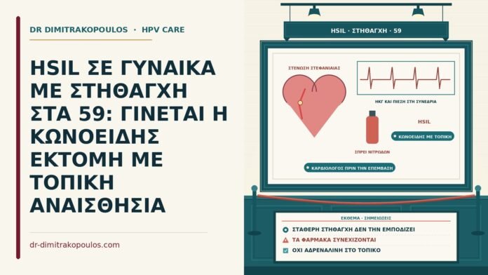 HSIL ΣΕ ΓΥΝΑΙΚΑ ΜΕ ΣΤΗΘΑΓΧΗ ΣΤΑ 59: ΓΙΝΕΤΑΙ Η ΚΩΝΟΕΙΔΗΣ ΕΚΤΟΜΗ ΜΕ ΤΟΠΙΚΗ ΑΝΑΙΣΘΗΣΙΑ HSIL με στηθάγχη