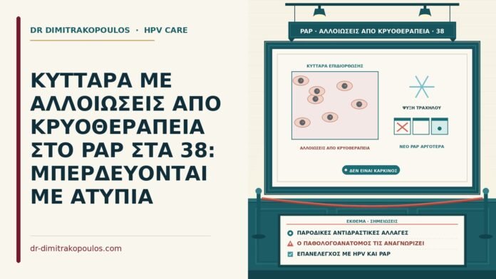 ΚΥΤΤΑΡΑ ΜΕ ΑΛΛΟΙΩΣΕΙΣ ΑΠΟ ΚΡΥΟΘΕΡΑΠΕΙΑ ΣΤΟ PAP ΣΤΑ 38: ΜΠΕΡΔΕΥΟΝΤΑΙ ΜΕ ΑΤΥΠΙΑ αλλοιώσεις από κρυοθεραπεία στο Παπ