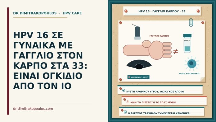 HPV 16 ΣΕ ΓΥΝΑΙΚΑ ΜΕ ΓΑΓΓΛΙΟ ΣΤΟΝ ΚΑΡΠΟ ΣΤΑ 33: ΕΙΝΑΙ ΟΓΚΙΔΙΟ ΑΠΟ ΤΟΝ ΙΟ HPV 16 με γάγγλιο στον καρπό