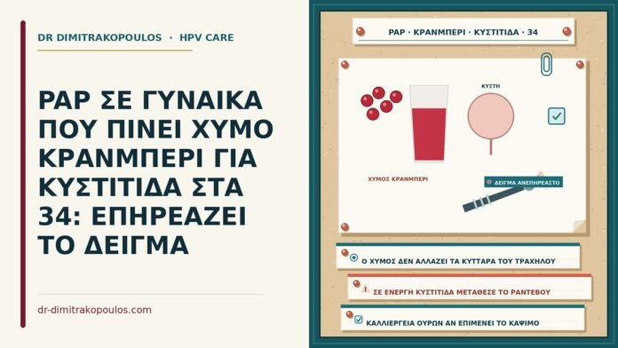 PAP ΣΕ ΓΥΝΑΙΚΑ ΠΟΥ ΠΙΝΕΙ ΧΥΜΟ ΚΡΑΝΜΠΕΡΙ ΓΙΑ ΚΥΣΤΙΤΙΔΑ ΣΤΑ 34: ΕΠΗΡΕΑΖΕΙ ΤΟ ΔΕΙΓΜΑ Παπ με χυμό κράνμπερι