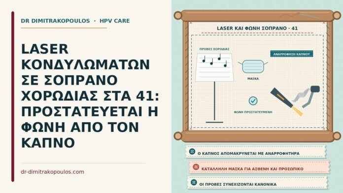 LASER ΚΟΝΔΥΛΩΜΑΤΩΝ ΣΕ ΣΟΠΡΑΝΟ ΧΟΡΩΔΙΑΣ ΣΤΑ 41: ΠΡΟΣΤΑΤΕΥΕΤΑΙ Η ΦΩΝΗ ΑΠΟ ΤΟΝ ΚΑΠΝΟ laser κονδυλωμάτων σε σοπράνο χορωδίας