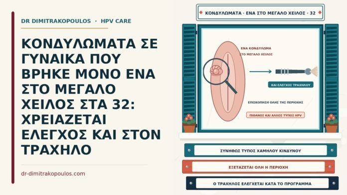 ΚΟΝΔΥΛΩΜΑΤΑ ΣΕ ΓΥΝΑΙΚΑ ΠΟΥ ΒΡΗΚΕ ΜΟΝΟ ΕΝΑ ΣΤΟ ΜΕΓΑΛΟ ΧΕΙΛΟΣ ΣΤΑ 32: ΧΡΕΙΑΖΕΤΑΙ ΕΛΕΓΧΟΣ ΚΑΙ ΣΤΟΝ ΤΡΑΧΗΛΟ μεμονωμένο κονδύλωμα στο μεγάλο χείλος