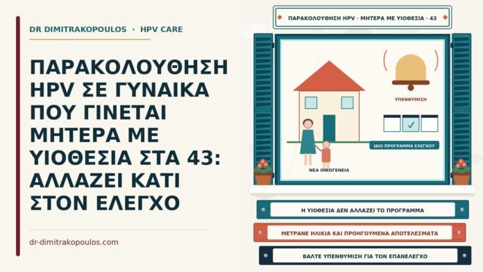 ΠΑΡΑΚΟΛΟΥΘΗΣΗ HPV ΣΕ ΓΥΝΑΙΚΑ ΠΟΥ ΓΙΝΕΤΑΙ ΜΗΤΕΡΑ ΜΕ ΥΙΟΘΕΣΙΑ ΣΤΑ 43: ΑΛΛΑΖΕΙ ΚΑΤΙ ΣΤΟΝ ΕΛΕΓΧΟ παρακολούθηση HPV σε νέα μητέρα με υιοθεσία