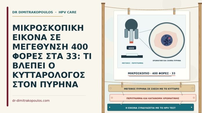 ΜΙΚΡΟΣΚΟΠΙΚΗ ΕΙΚΟΝΑ ΣΕ ΜΕΓΕΘΥΝΣΗ 400 ΦΟΡΕΣ ΣΤΑ 33: ΤΙ ΒΛΕΠΕΙ Ο ΚΥΤΤΑΡΟΛΟΓΟΣ ΣΤΟΝ ΠΥΡΗΝΑ μεγέθυνση 400 φορές στο Παπ
