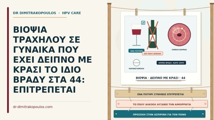 ΒΙΟΨΙΑ ΤΡΑΧΗΛΟΥ ΣΕ ΓΥΝΑΙΚΑ ΠΟΥ ΕΧΕΙ ΔΕΙΠΝΟ ΜΕ ΚΡΑΣΙ ΤΟ ΙΔΙΟ ΒΡΑΔΥ ΣΤΑ 44: ΕΠΙΤΡΕΠΕΤΑΙ βιοψία και κρασί