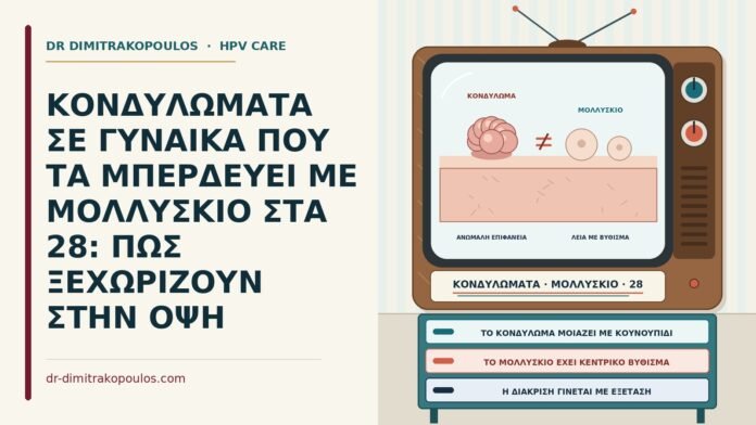 ΚΟΝΔΥΛΩΜΑΤΑ ΣΕ ΓΥΝΑΙΚΑ ΠΟΥ ΤΑ ΜΠΕΡΔΕΥΕΙ ΜΕ ΜΟΛΛΥΣΚΙΟ ΣΤΑ 28: ΠΩΣ ΞΕΧΩΡΙΖΟΥΝ ΣΤΗΝ ΟΨΗ κονδυλώματα και μολλυσκία