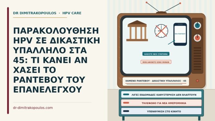 ΠΑΡΑΚΟΛΟΥΘΗΣΗ HPV ΣΕ ΔΙΚΑΣΤΙΚΗ ΥΠΑΛΛΗΛΟ ΣΤΑ 45: ΤΙ ΚΑΝΕΙ ΑΝ ΧΑΣΕΙ ΤΟ ΡΑΝΤΕΒΟΥ ΤΟΥ ΕΠΑΝΕΛΕΓΧΟΥ χαμένο ραντεβού επανελέγχου HPV