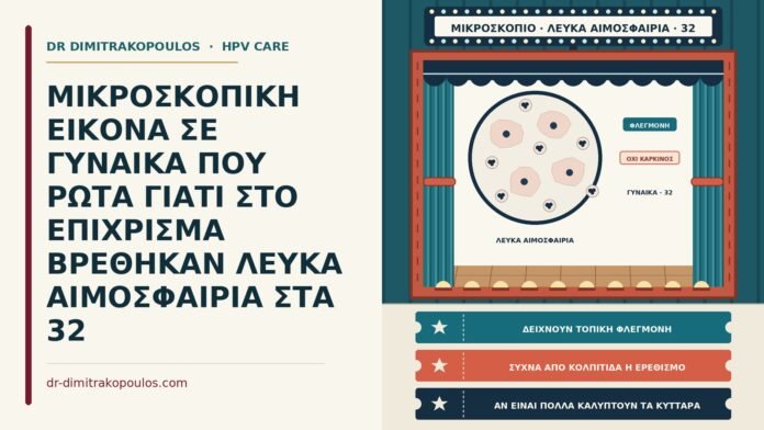 ΜΙΚΡΟΣΚΟΠΙΚΗ ΕΙΚΟΝΑ ΣΕ ΓΥΝΑΙΚΑ ΠΟΥ ΡΩΤΑ ΓΙΑΤΙ ΣΤΟ ΕΠΙΧΡΙΣΜΑ ΒΡΕΘΗΚΑΝ ΛΕΥΚΑ ΑΙΜΟΣΦΑΙΡΙΑ ΣΤΑ 32 λευκά αιμοσφαίρια στο επίχρισμα
