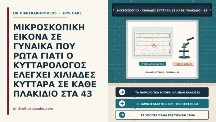 ΜΙΚΡΟΣΚΟΠΙΚΗ ΕΙΚΟΝΑ ΣΕ ΓΥΝΑΙΚΑ ΠΟΥ ΡΩΤΑ ΓΙΑΤΙ Ο ΚΥΤΤΑΡΟΛΟΓΟΣ ΕΛΕΓΧΕΙ ΧΙΛΙΑΔΕΣ ΚΥΤΤΑΡΑ ΣΕ ΚΑΘΕ ΠΛΑΚΙΔΙΟ ΣΤΑ 43 σάρωση πλακιδίου από τον κυτταρολόγο