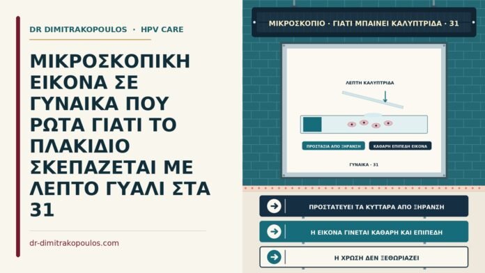 ΜΙΚΡΟΣΚΟΠΙΚΗ ΕΙΚΟΝΑ ΣΕ ΓΥΝΑΙΚΑ ΠΟΥ ΡΩΤΑ ΓΙΑΤΙ ΤΟ ΠΛΑΚΙΔΙΟ ΣΚΕΠΑΖΕΤΑΙ ΜΕ ΛΕΠΤΟ ΓΥΑΛΙ ΣΤΑ 31 καλυπτρίδα στο πλακίδιο