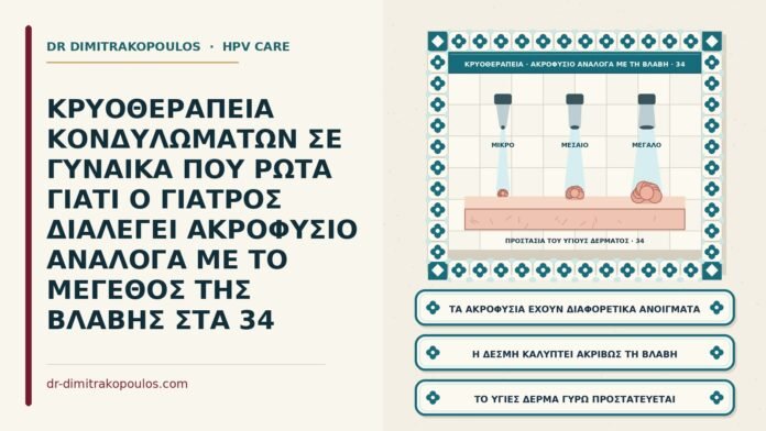 ΚΡΥΟΘΕΡΑΠΕΙΑ ΚΟΝΔΥΛΩΜΑΤΩΝ ΣΕ ΓΥΝΑΙΚΑ ΠΟΥ ΡΩΤΑ ΓΙΑΤΙ Ο ΓΙΑΤΡΟΣ ΔΙΑΛΕΓΕΙ ΑΚΡΟΦΥΣΙΟ ΑΝΑΛΟΓΑ ΜΕ ΤΟ ΜΕΓΕΘΟΣ ΤΗΣ ΒΛΑΒΗΣ ΣΤΑ 34 επιλογή ακροφυσίου στην κρυοθεραπεία