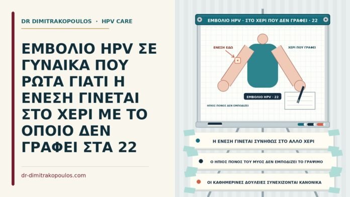 ΕΜΒΟΛΙΟ HPV ΣΕ ΓΥΝΑΙΚΑ ΠΟΥ ΡΩΤΑ ΓΙΑΤΙ Η ΕΝΕΣΗ ΓΙΝΕΤΑΙ ΣΤΟ ΧΕΡΙ ΜΕ ΤΟ ΟΠΟΙΟ ΔΕΝ ΓΡΑΦΕΙ ΣΤΑ 22 ένεση στο χέρι που δεν γράφει