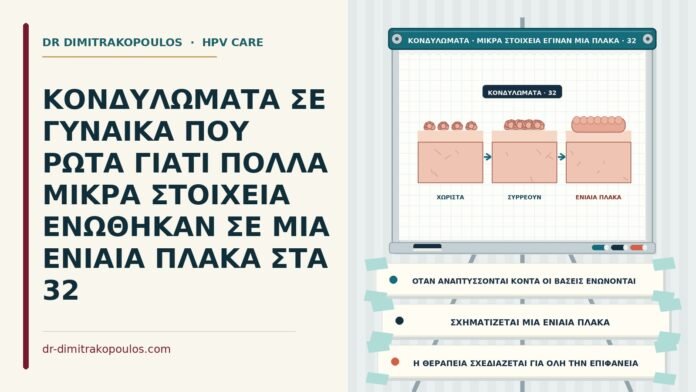 ΚΟΝΔΥΛΩΜΑΤΑ ΣΕ ΓΥΝΑΙΚΑ ΠΟΥ ΡΩΤΑ ΓΙΑΤΙ ΠΟΛΛΑ ΜΙΚΡΑ ΣΤΟΙΧΕΙΑ ΕΝΩΘΗΚΑΝ ΣΕ ΜΙΑ ΕΝΙΑΙΑ ΠΛΑΚΑ ΣΤΑ 32 συρρέοντα κονδυλώματα σε πλάκα