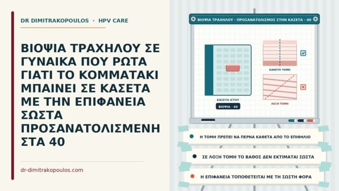 ΒΙΟΨΙΑ ΤΡΑΧΗΛΟΥ ΣΕ ΓΥΝΑΙΚΑ ΠΟΥ ΡΩΤΑ ΓΙΑΤΙ ΤΟ ΚΟΜΜΑΤΑΚΙ ΜΠΑΙΝΕΙ ΣΕ ΚΑΣΕΤΑ ΜΕ ΤΗΝ ΕΠΙΦΑΝΕΙΑ ΣΩΣΤΑ ΠΡΟΣΑΝΑΤΟΛΙΣΜΕΝΗ ΣΤΑ 40 προσανατολισμός της βιοψίας στην κασέτα